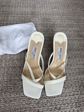 Jimmy Choo Cream Leather Square-Toe Slide Mules